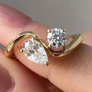 Modern Bypass Ring with Pear & Round Diamonds Two Stone Engagement Ring Elegant Gold Design  Bypass Style Engagement or Promise Ring