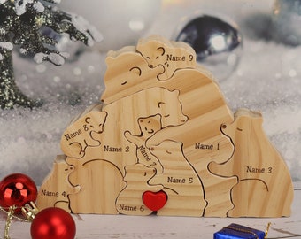Aangepaste houten familieberen, handgemaakte dierenfamiliepuzzel, dierenfiguren voor maximaal 9 personen, familie kerstcadeaus voor oma Nana moeder