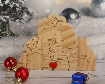 Ours de famille en bois personnalisés, puzzle de famille d'animaux fait main, figurines d'animaux jusqu'à 9 personnes, cadeaux de Noël en famille pour grand-mère et grand-mère