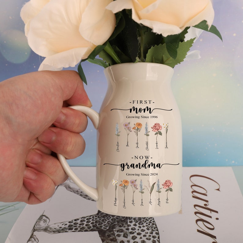 Personalized First Mom Now Grandma Birth Month Flowers Vase, Mother's Day Gifts, Custom Name Ceramic Flower Vase, Birthday Gift For Mom Nana image 5