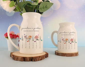 Vase de fleurs de jardin personnalisé pour grand-mère, vase de fleurs de naissance personnalisé prénom petit-enfant, vase de fleurs de mois de naissance, cadeau fête des mères, vase en céramique