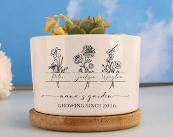 Mother's Day Gifts, Grandma's Garden Flower Pot, Personalized Flower Succulent Planter, Custom Name And Birth Month Flower Pot, Gift For Mom