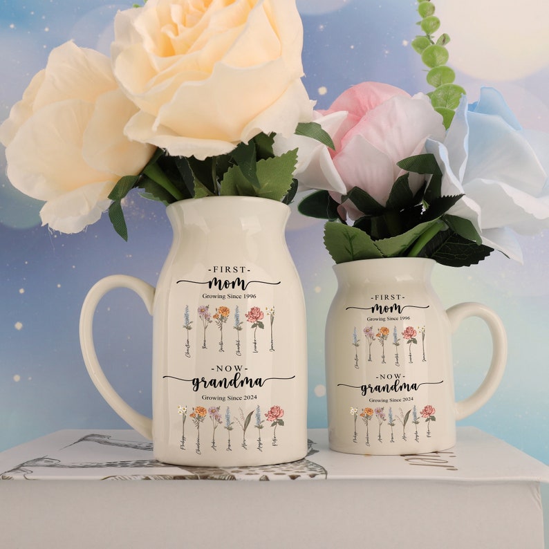 Personalized First Mom Now Grandma Birth Month Flowers Vase, Mother's Day Gifts, Custom Name Ceramic Flower Vase, Birthday Gift For Mom Nana image 1