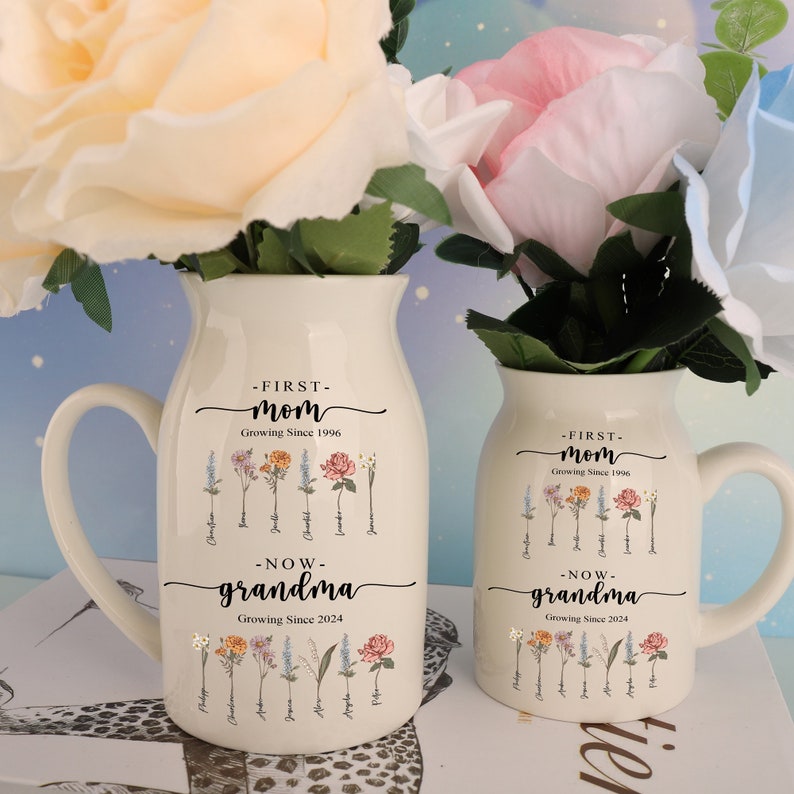 Personalized First Mom Now Grandma Birth Month Flowers Vase, Mother's Day Gifts, Custom Name Ceramic Flower Vase, Birthday Gift For Mom Nana image 3