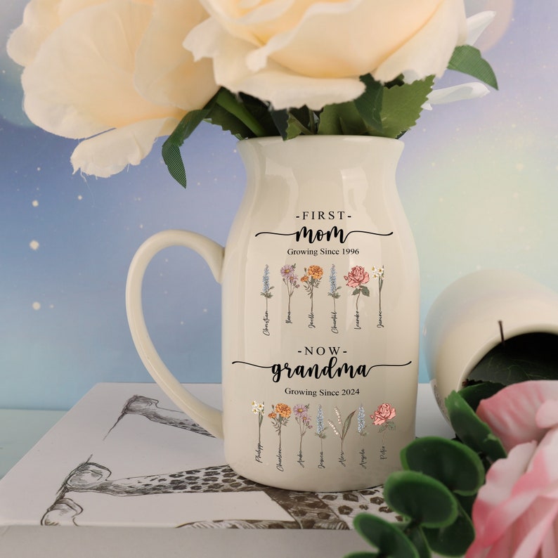 Personalized First Mom Now Grandma Birth Month Flowers Vase, Mother's Day Gifts, Custom Name Ceramic Flower Vase, Birthday Gift For Mom Nana image 4