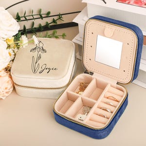 Personalisierte Schmuckschatulle Samt, Reise Schmuckschatulle, Reißverschluss Schmuckschatulle, benutzerdefinierte Flitterwochen Vorschlag Brautjungfer Geschenk, personalisiertes Geschenk für sie