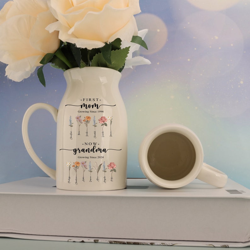 Personalized First Mom Now Grandma Birth Month Flowers Vase, Mother's Day Gifts, Custom Name Ceramic Flower Vase, Birthday Gift For Mom Nana image 6