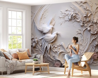 3D Birds Wallpaper, Realistic Crane Removable Mural Decor, Peel and Stick & One Piece, Japanese Wallpaper