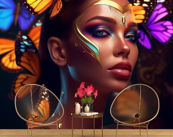 Fashion Woman and Butterflies Wallpaper for Beauty Salon and Hairdresser - Removable Modern Mural Decor - Peel and Stick, Nonwoven, Vinyl