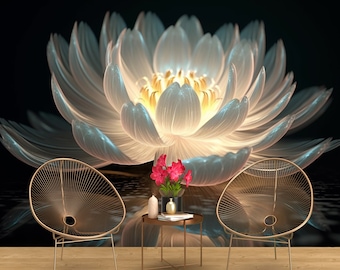 3D White Lotus on the Water Wallpaper for Living Room, Bedroom and Office - Removable Floral Mural Decor - Art Deco Wallpaper