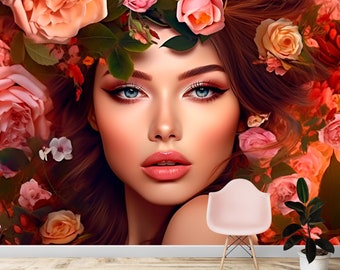 Abstract Woman Art Wallpaper for Hairdresser and Beauty Salon Decor, Removable Mural Decor, Peel Stick and One Piece, Easy Apply