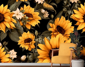 Sunflower Wallpaper, Removable Floral Mural Decor Home & Office Wall - Peel Stick, Nonwoven, Vinyl - Botanical Wallpaper