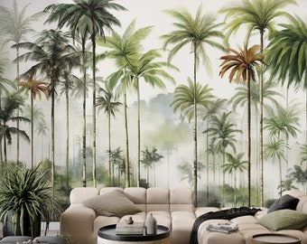 Palm Trees Exotic Wallpaper, Green Jungle Landscape Mural Decor, Peel Stick and One Piece, Erasable Fabric, Elegant Wallpaper