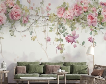 Hanging Spring Flowers Wallpaper, Vintage Floral Mural Decor, Peel and Stick & One Piece, Modern Garden Wallpaper