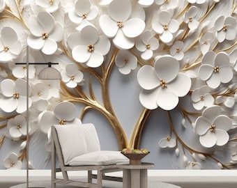 Embossed Look Flowers Wallpaper, White and Gold Floral Wall Poster, Peel and Stick & One Piece, Relief Wallpaper