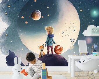 Kleiner süßer Junge im Weltraum Märchen Tapete für Kinderzimmer und Kinderwand - Abnehmbarer Cartoon Wanddekor - Jungenzimmer Tapete