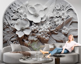 Embossed Look Floral Wallpaper, 3d Flowers Relief Mural Decor, Peel and Stick Nonwoven and Vinyl, 3D Wallpaper