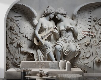 Angels Playing Instrument 3D Look Wallpaper, Relief Mural Decor, Peel and Stick Nonwoven and Vinyl, Mythology Wallpaper
