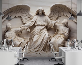 Angels Embossing Look Wallpaper, Removable Mythological Mural Decor, Peel and Stick Nonwoven and Vinyl, Relief Wallpaper