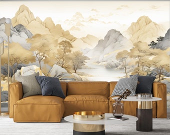 Golden Linear Landscape Wallpaper - Mountains, Rivers and Trees - Peel Stick and One Piece -  Remvable and Erasable Mural Decor