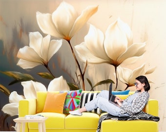 Beige Blumen Aquarell Tapete für Wohnzimmer, Schlafzimmer und Büro - abnehmbares Blumen Wanddekor - Peel Stick, Vlies, Textil Vinyl