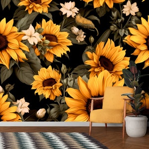 Ablösbare Tapete mit Sonnenblumen, Abnehmbares Wandbild für Haus und Büro, Vlies, Vinyl - Botanische Tapete