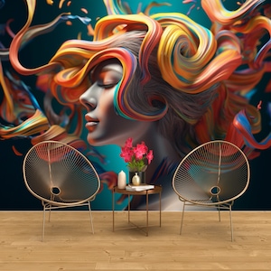 Woman with Colorful Hair Art Wallpaper for Beauty Salon and Hairdresser - Removable Fashion Mural Decor - Peel and Stick, Nonwoven, Vinyl