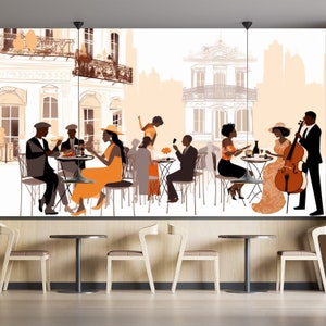 Carta da parati da caffè, murale da parete di street art da caffè, persone che bevono caffè, poster rimovibile stacca e attacca, decorazione murale da caffè