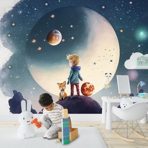 Little Cute Boy in Space Fairy Tale Wallpaper for Nursery and Kids Wall - Removable Cartoon Mural Decor - Boy Room Wallpaper