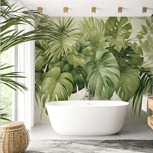 Watercolor Leaf Wallpaper, Botanic Green Leafs Removable Mural Decor, Peel and Stick Nonwoven and Vinyl, Palm Tree Mural