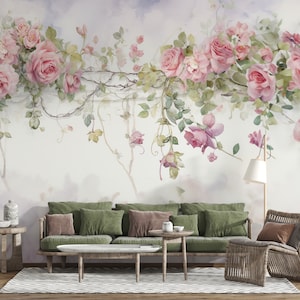 Carta da parati con fiori primaverili sospesi, decorazione murale floreale vintage, stacca e attacca e un pezzo, carta da parati moderna per giardini