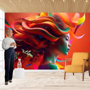 Carta da parati artistica con illustrazione arancione di una donna per salone di bellezza e parrucchiere - Decorazione murale di moda rimovibile - Stacca e attacca, tessuto non tessuto, vinile