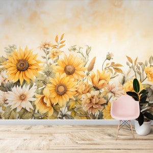 Sunflowers Wallpaper, Vintage Floral Mural Decor, Peel and Stick & One Piece, Large Floral Poster, Spring Wallpaper