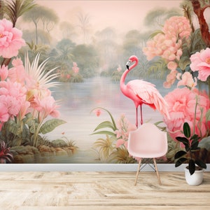 Carta da parati paesaggistica, fiori rosa tenui, fenicotteri, palme e foglie, decorazione murale rimovibile, pezzo unico e staccabile, carta da parati con animali