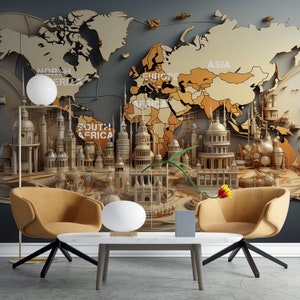 3D-wereldkaartbehang, continentenkaart muurdecoratie, Peel and Stick en één stuk, nautisch behang