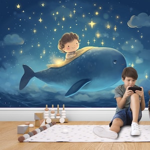 Little Boy Wallpaper with a Cute Whale, Removable Nursery and Kids Room Mural Decor, Peel Stick and One Piece