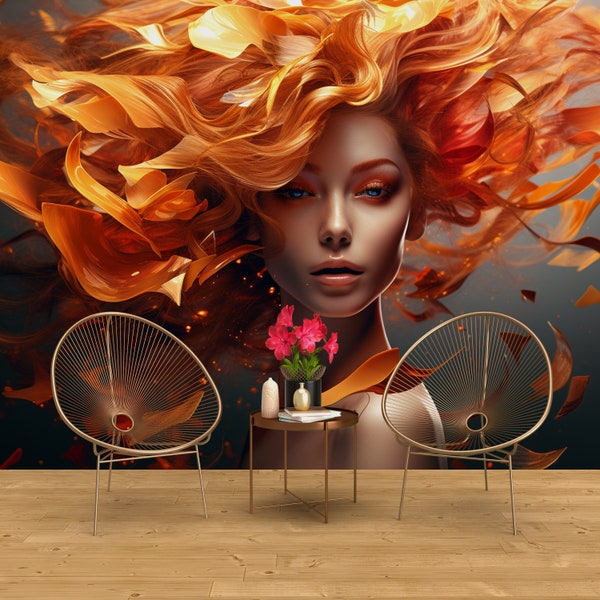 Orange Hair Woman Abstract Wallpaper - Beauty Salon and Hairdresser Mural Decor - Peel and Stick, Nonwoven and Vinyl - Beauty Salon Decor