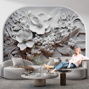 Embossed Look Floral Wallpaper, 3d Flowers Relief Mural Decor, Peel and Stick Nonwoven and Vinyl, 3D Wallpaper