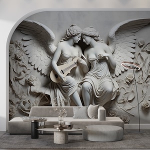 Angels Playing Instrument 3D Look Wallpaper, Relief Mural Decor, Peel and Stick Nonwoven and Vinyl, Mythology Wallpaper
