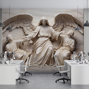 Angels Embossing Look Wallpaper, Removable Mythological Mural Decor, Peel and Stick Nonwoven and Vinyl, Relief Wallpaper