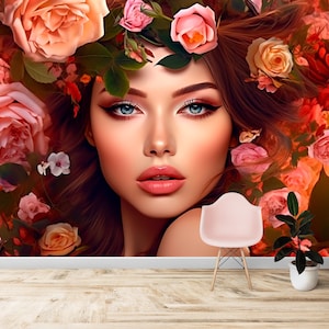 Abstract Woman Art Wallpaper for Hairdresser and Beauty Salon Decor, Removable Mural Decor, Peel Stick and One Piece, Easy Apply