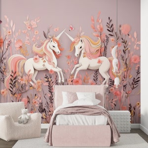 Cute Unicorns and Pink Flowers Wallpaper, Kids and Nursery Wall Decor, Woodland Wallpaper, Peel Stick and One Piece
