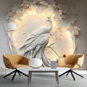 Relief Bird Wallpaper, 3d Embossed Look Peacock and Leafs Mural Decor, Peel and Stick Nonwoven and Vinyl, Textured Wallpaper