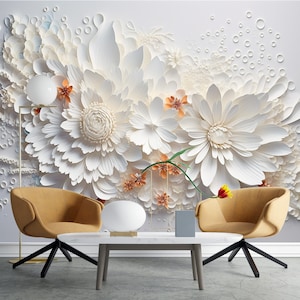 Papier peint fleurs en relief, décoration murale florale blanche et orange en relief, non tissé et vinyle