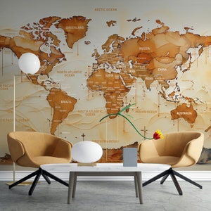 World Map Wallpaper, 3D Map Wall Decor Countries Seas and Oceans, Peel and Stick and One Piece, Watercolor World Map