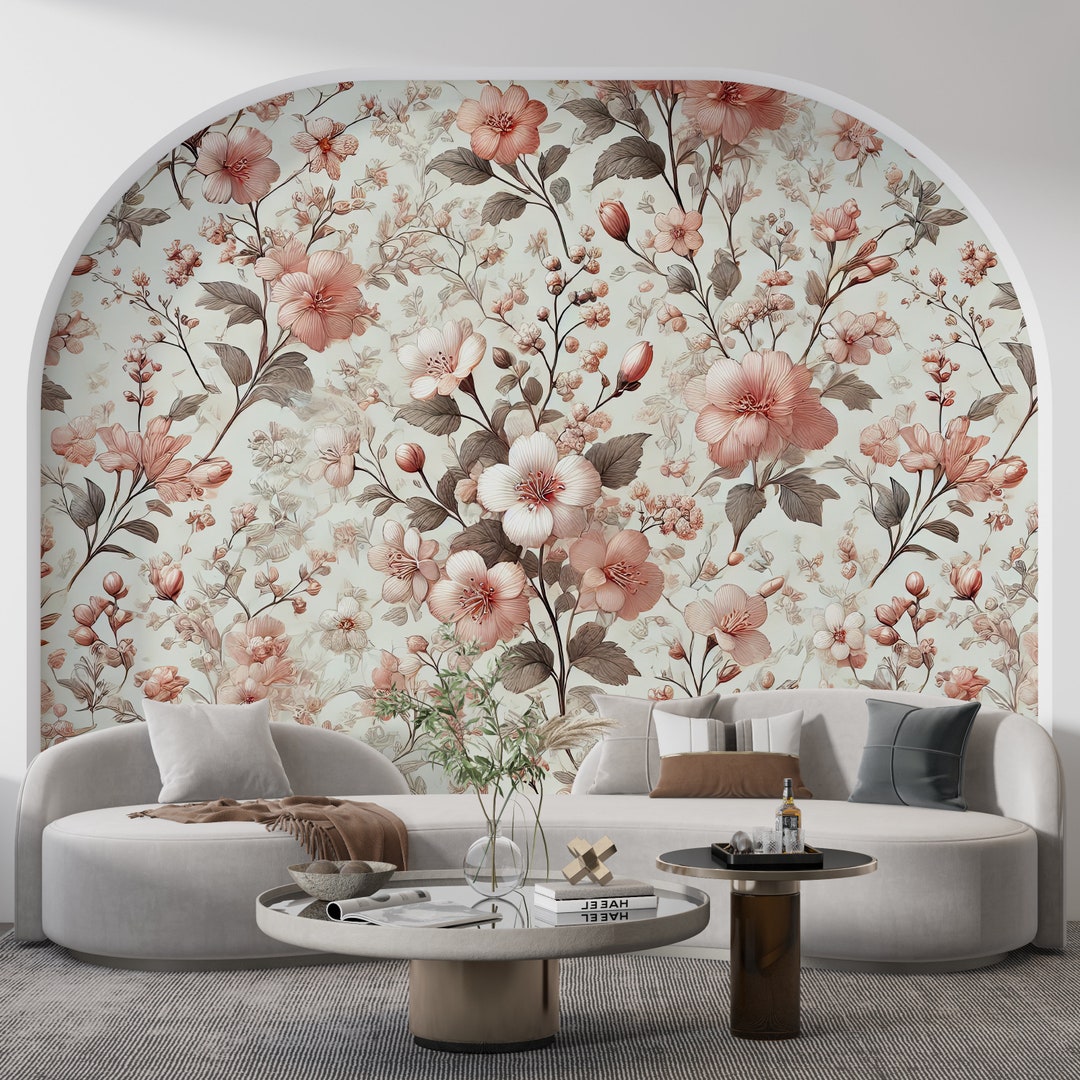 Soft Pink Flowers Wallpaper, Vintage Peony Blossom Wall Mural, Large ...