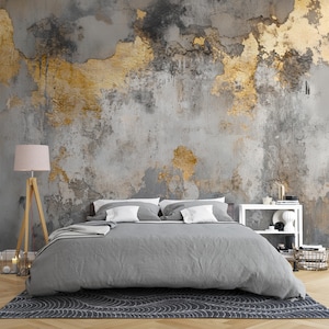 Gray and Gold Plaster Textured Wallpaper, Vintage Stucco Look Art, Modern Living Room and Bedroom Mural Decor, Luxury Concrete Wall Decal