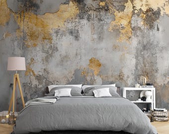 Gray and Gold Plaster Textured Wallpaper, Vintage Stucco Look Art, Modern Living Room and Bedroom Mural Decor, Luxury Concrete Wall Decal