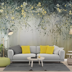 Hanging Green Leafs and Flowers Wallpaper, Modern Floral Mural Decor, Peel and Stick & One Piece, Large Floral Poster