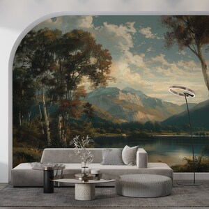 Vintage Landscape Wallpaper, Tree and Mountain Mural Art, Peel Stick and One Piece, Removable and Erasable, Scenic Wall Mural